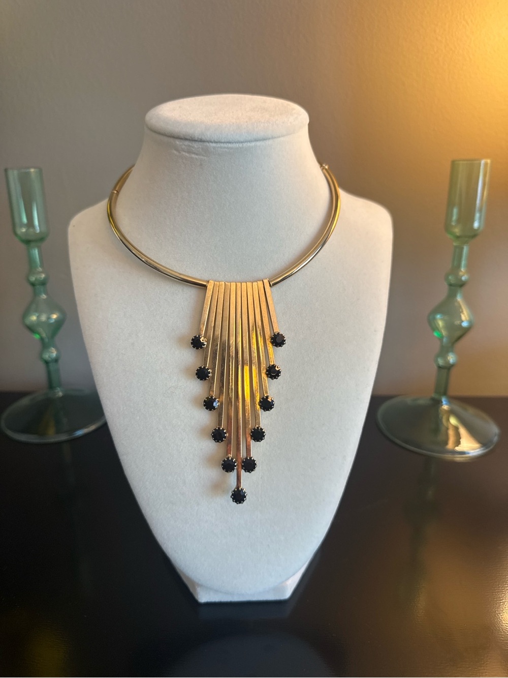 Art Deco Revival Gold Tone Collar Necklace Black Rhinestone Fringe Statement